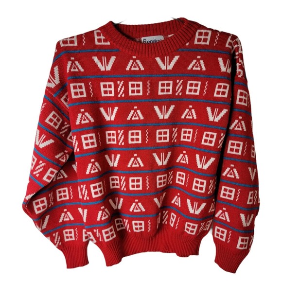 Vintage Sweater Grandpa Core L Red White‎ 80's Cosby Geometric Repage - Picture 1 of 6